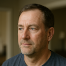 Close-up three-quarter portrait of a middle-aged Caucasian man in a navy t-shirt, symbolizing a happy client after professional Christmas lights install, highlighting trusted xmas light installation near me services in Toronto.